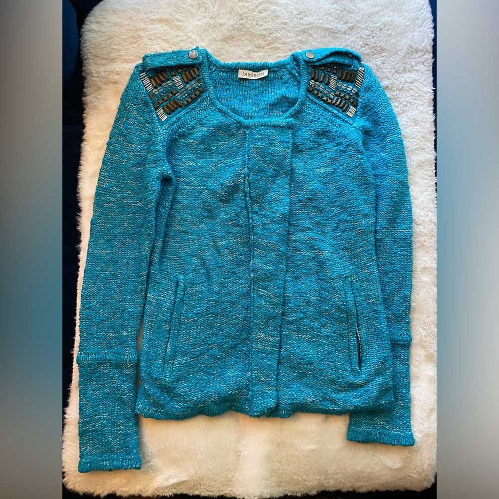 New Jamison Knitted Cardigan Sweater teal with Sequence